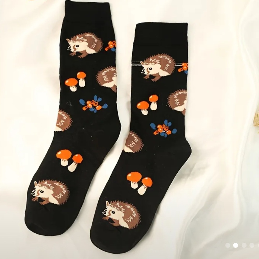 Hedgehog and Mushroom Black Socks, NWOT 🍄 🦔